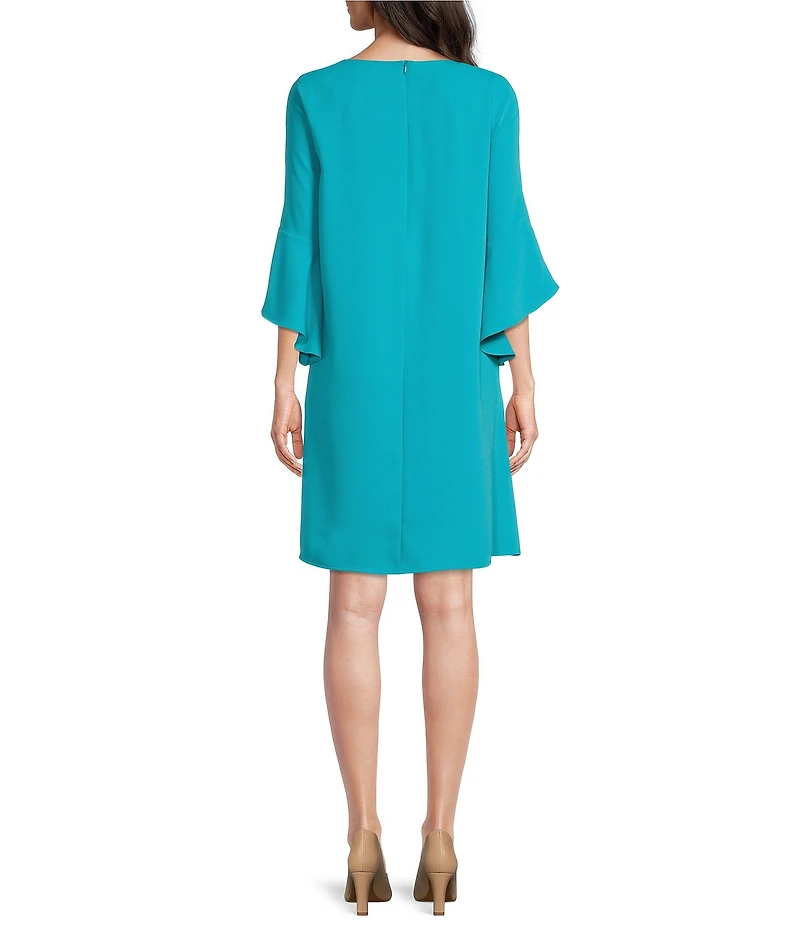 Caroline Rose Julia Matte Crepe 3/4 Ruffle Sleeve Shift Round Neck Shift Dress