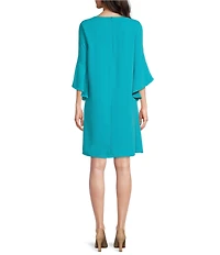 Caroline Rose Julia Matte Crepe 3/4 Ruffle Sleeve Shift Round Neck Shift Dress