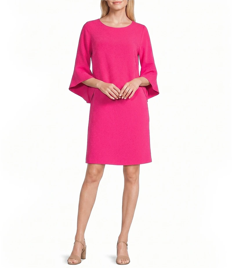 Caroline Rose Julia Matte Crepe 3/4 Ruffle Sleeve Shift Round Neck Shift Dress