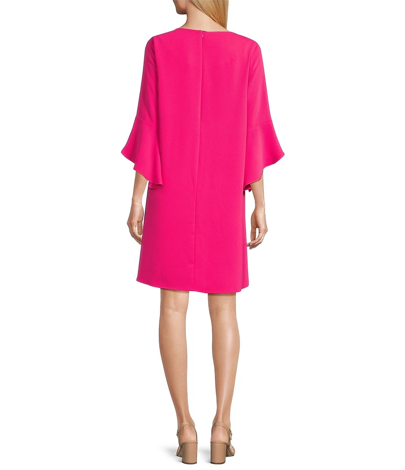 Caroline Rose Julia Matte Crepe 3/4 Ruffle Sleeve Shift Round Neck Shift Dress