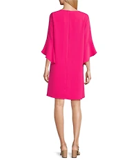 Caroline Rose Julia Matte Crepe 3/4 Ruffle Sleeve Shift Round Neck Shift Dress