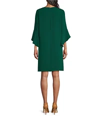 Caroline Rose Julia Matte Crepe 3/4 Ruffle Sleeve Shift Round Neck Shift Dress