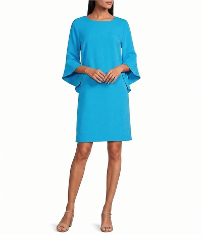 Caroline Rose Julia Matte Crepe 3/4 Ruffle Sleeve Shift Round Neck Shift Dress