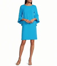 Caroline Rose Julia Matte Crepe 3/4 Ruffle Sleeve Shift Round Neck Shift Dress