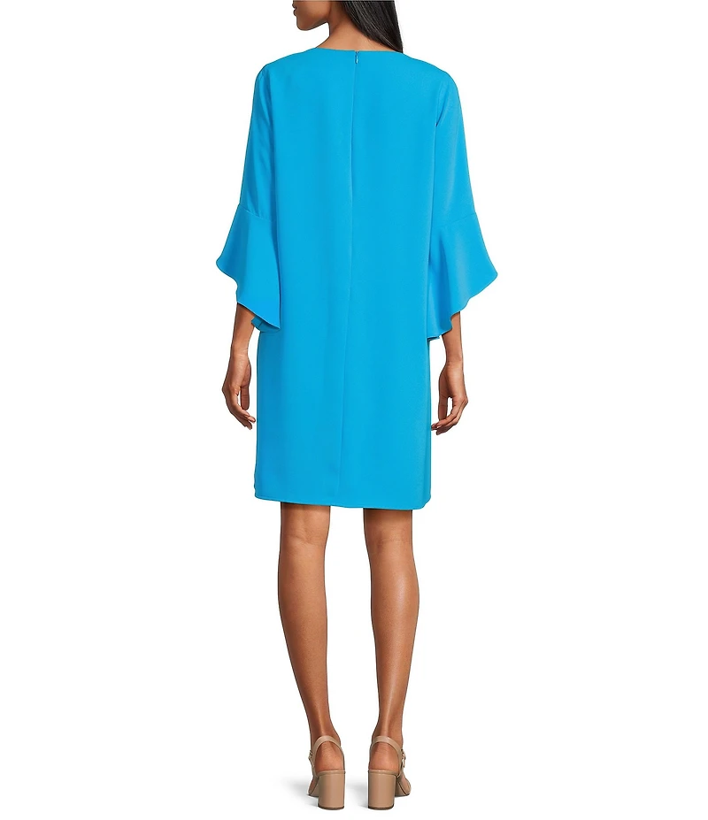 Caroline Rose Julia Matte Crepe 3/4 Ruffle Sleeve Shift Round Neck Shift Dress