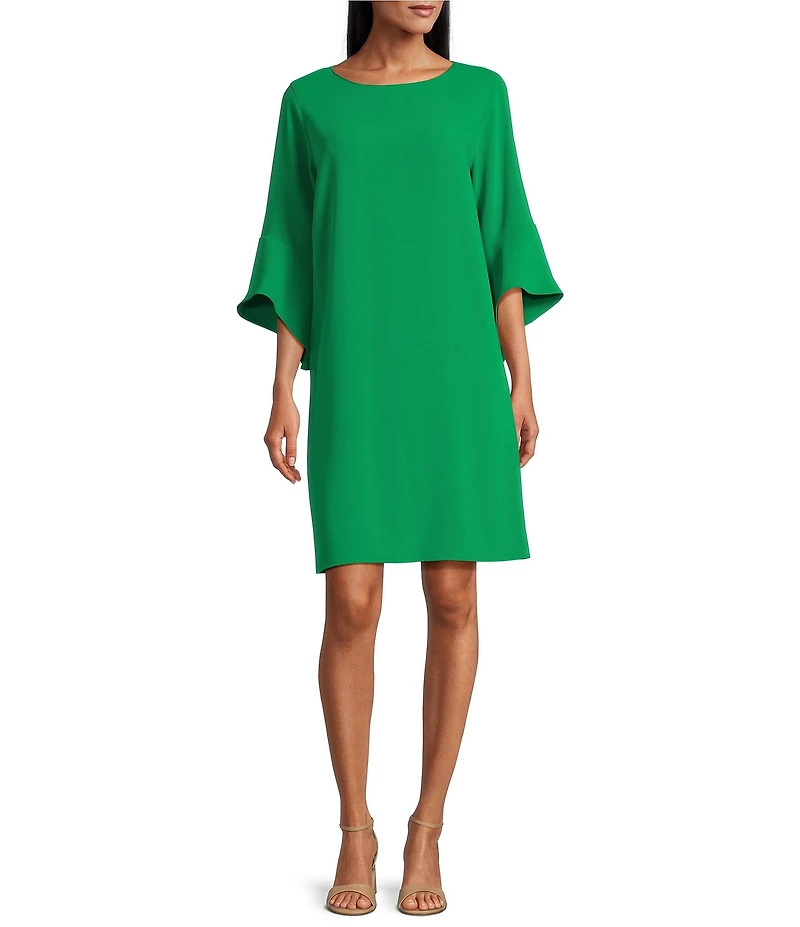Caroline Rose Julia Matte Crepe 3/4 Ruffle Sleeve Shift Round Neck Shift Dress