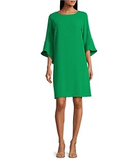 Caroline Rose Julia Matte Crepe 3/4 Ruffle Sleeve Shift Round Neck Shift Dress