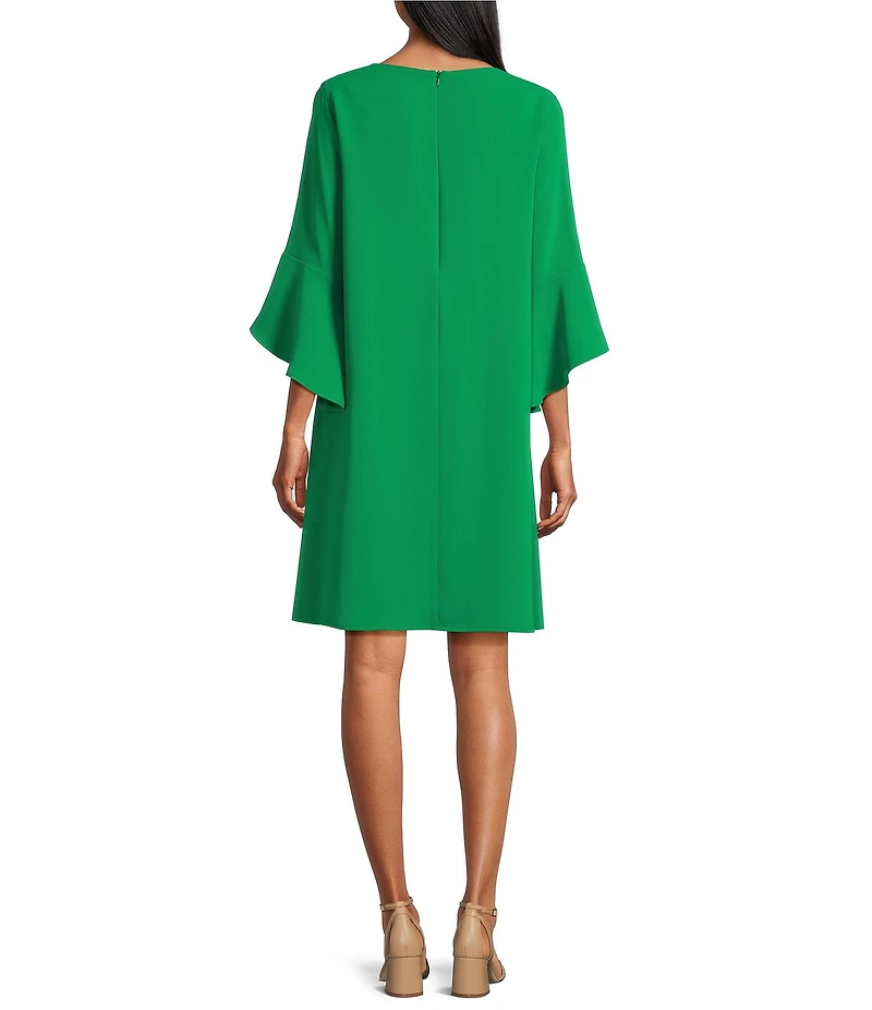 Caroline Rose Julia Matte Crepe 3/4 Ruffle Sleeve Shift Round Neck Shift Dress