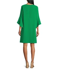 Caroline Rose Julia Matte Crepe 3/4 Ruffle Sleeve Shift Round Neck Shift Dress
