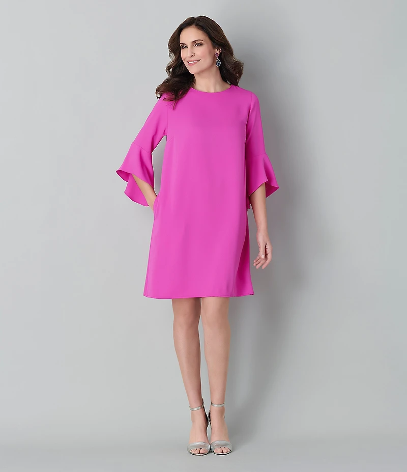 Caroline Rose Julia Matte Crepe 3/4 Ruffle Sleeve Shift Round Neck Shift Dress