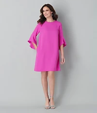Caroline Rose Julia Matte Crepe 3/4 Ruffle Sleeve Shift Round Neck Shift Dress