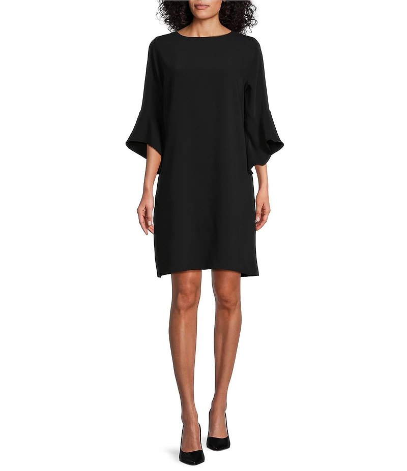 Caroline Rose Julia Matte Crepe 3/4 Ruffle Sleeve Shift Round Neck Shift Dress