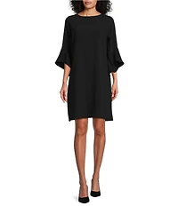 Caroline Rose Julia Matte Crepe 3/4 Ruffle Sleeve Shift Round Neck Shift Dress