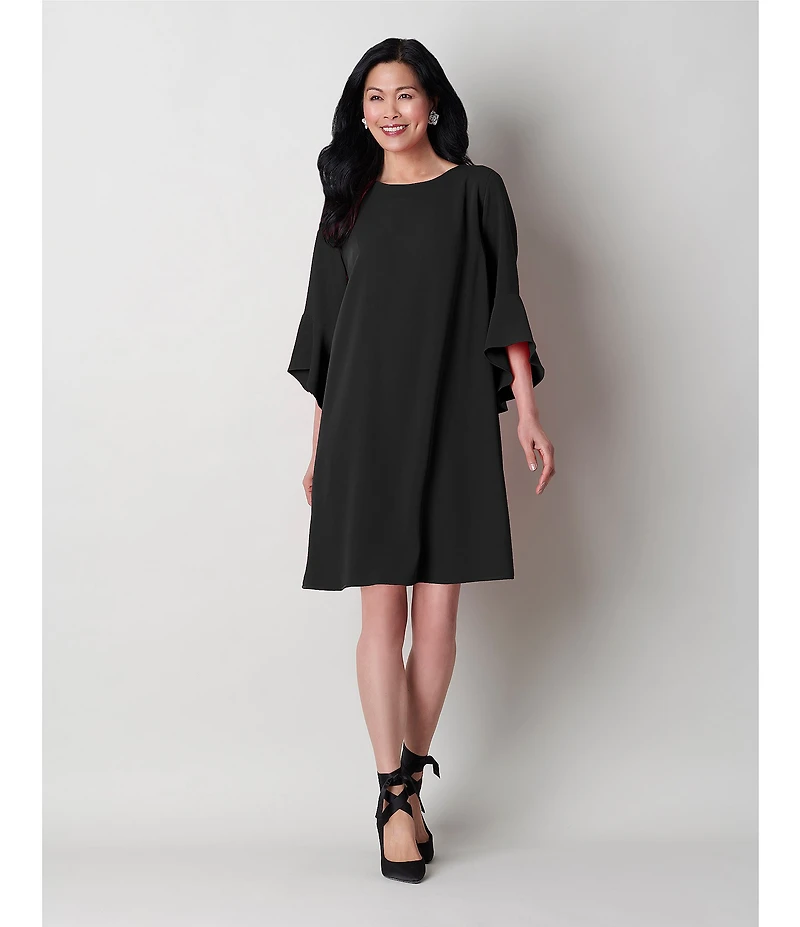 Caroline Rose Julia Matte Crepe 3/4 Ruffle Sleeve Shift Round Neck Shift Dress