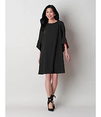 Caroline Rose Julia Matte Crepe 3/4 Ruffle Sleeve Shift Round Neck Shift Dress