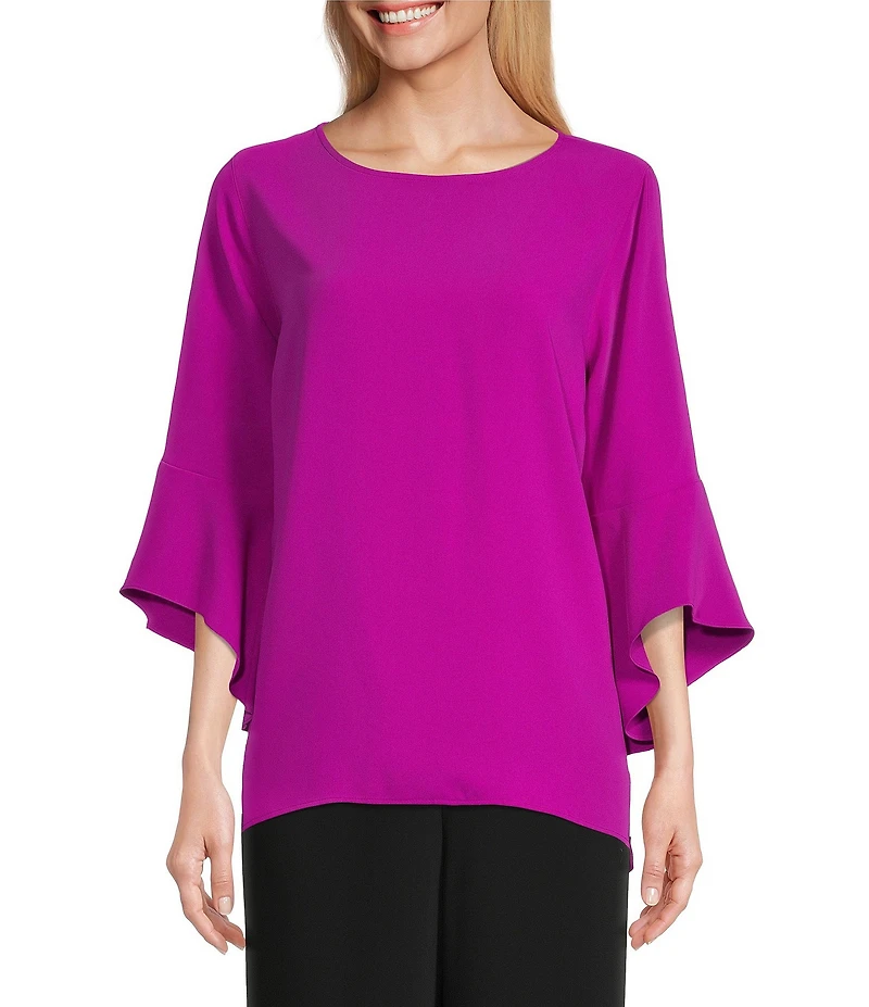 Caroline Rose Julia Matte Crepe Crew Neck 3/4 Ruffled Sleeve High-Low Hem Top