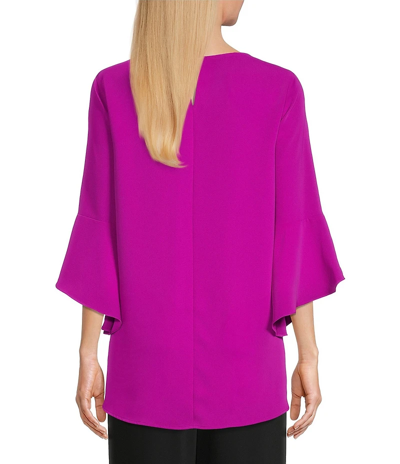 Caroline Rose Julia Matte Crepe Crew Neck 3/4 Ruffled Sleeve High-Low Hem Top