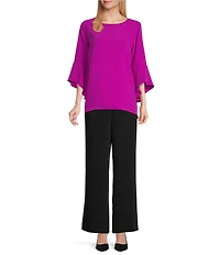 Caroline Rose Julia Matte Crepe Crew Neck 3/4 Ruffled Sleeve High-Low Hem Top