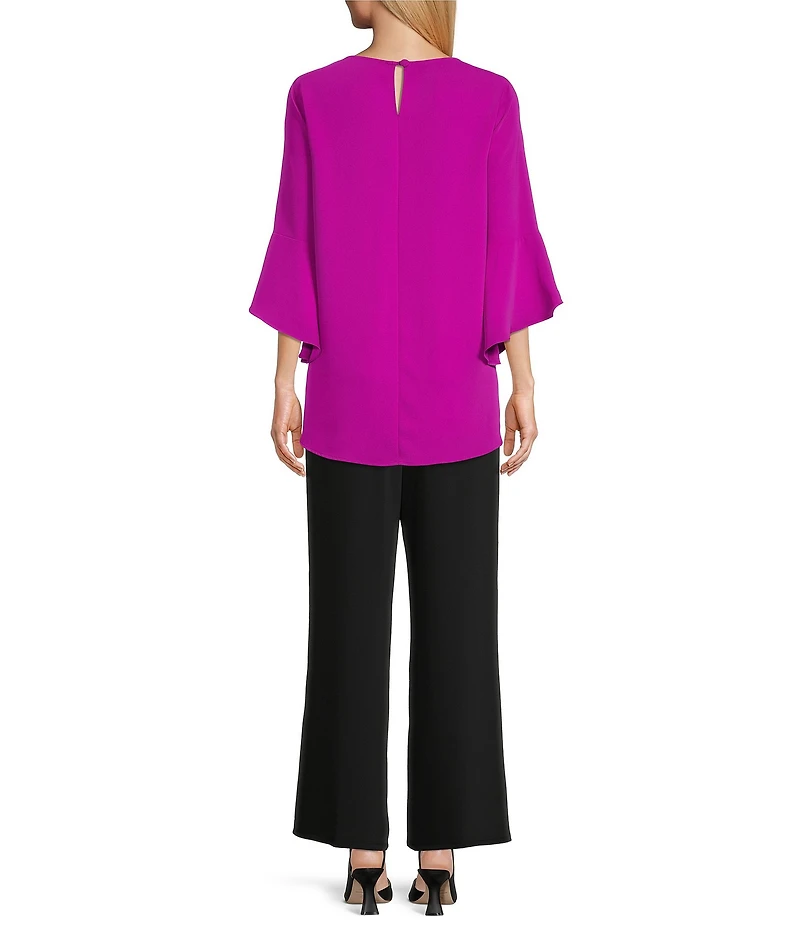 Caroline Rose Julia Matte Crepe Crew Neck 3/4 Ruffled Sleeve High-Low Hem Top