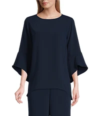 Caroline Rose Julia Matte Crepe Crew Neck 3/4 Ruffled Sleeve High-Low Hem Top