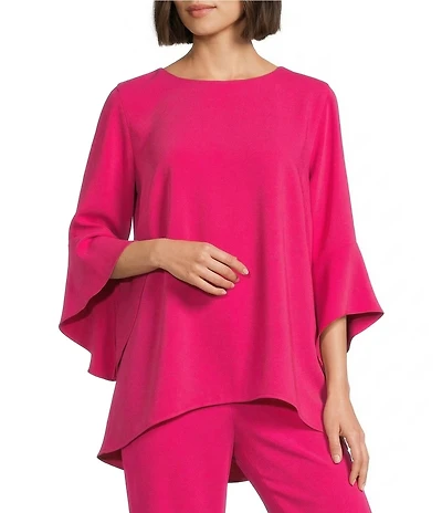 Caroline Rose Julia Matte Crepe Crew Neck 3/4 Ruffled Sleeve High-Low Hem Top