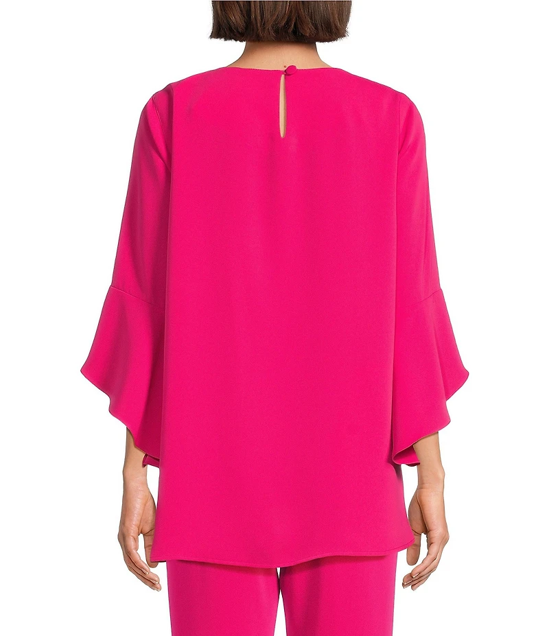 Caroline Rose Julia Matte Crepe Crew Neck 3/4 Ruffled Sleeve High-Low Hem Top