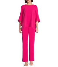 Caroline Rose Julia Matte Crepe Crew Neck 3/4 Ruffled Sleeve High-Low Hem Top