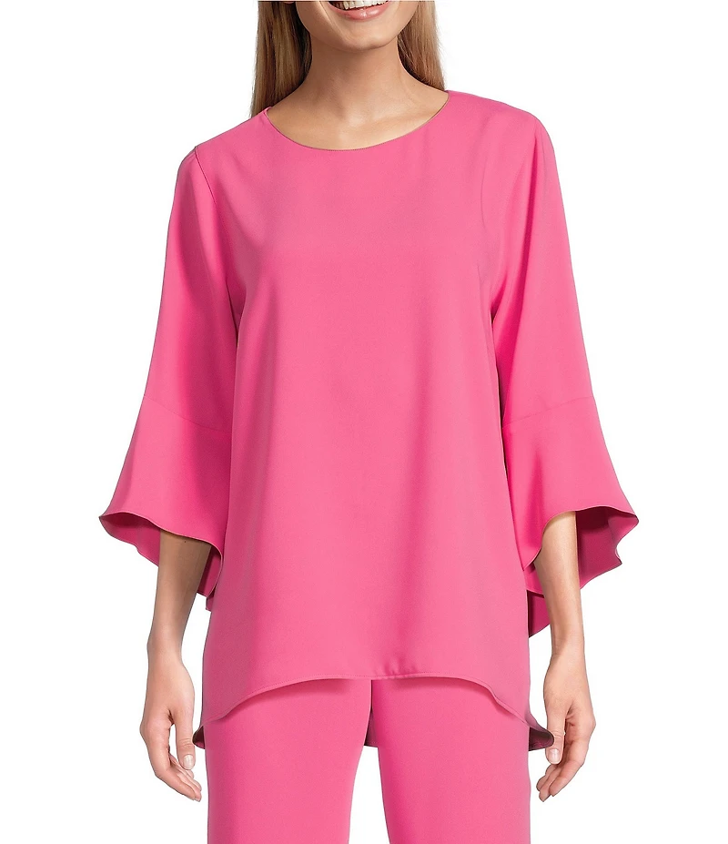 Caroline Rose Julia Matte Crepe Crew Neck 3/4 Ruffled Sleeve High-Low Hem Top