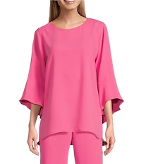 Caroline Rose Julia Matte Crepe Crew Neck 3/4 Ruffled Sleeve High-Low Hem Top