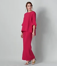Caroline Rose Julia Matte Crepe Crew Neck 3/4 Ruffled Sleeve High-Low Hem Top