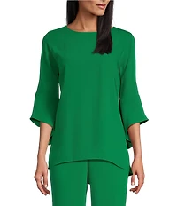 Caroline Rose Julia Matte Crepe Crew Neck 3/4 Ruffled Sleeve High-Low Hem Top