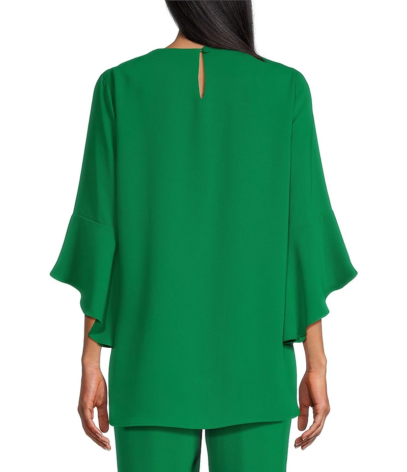 Caroline Rose Julia Matte Crepe Crew Neck 3/4 Ruffled Sleeve High-Low Hem Top