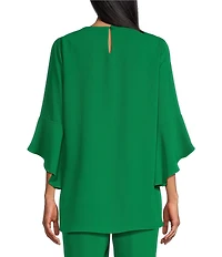 Caroline Rose Julia Matte Crepe Crew Neck 3/4 Ruffled Sleeve High-Low Hem Top