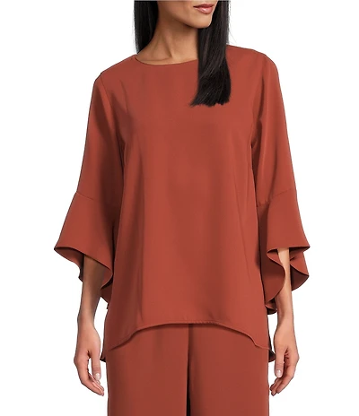 Caroline Rose Julia Matte Crepe Crew Neck 3/4 Ruffled Sleeve High-Low Hem Top