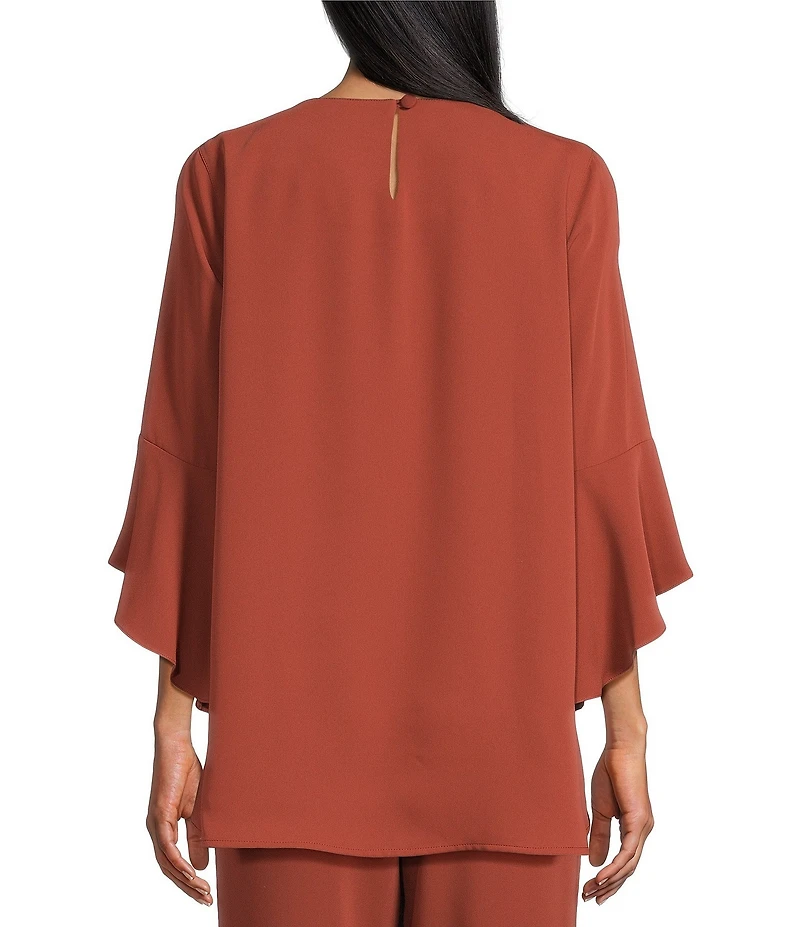 Caroline Rose Julia Matte Crepe Crew Neck 3/4 Ruffled Sleeve High-Low Hem Top