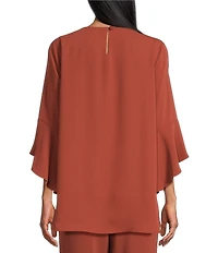 Caroline Rose Julia Matte Crepe Crew Neck 3/4 Ruffled Sleeve High-Low Hem Top