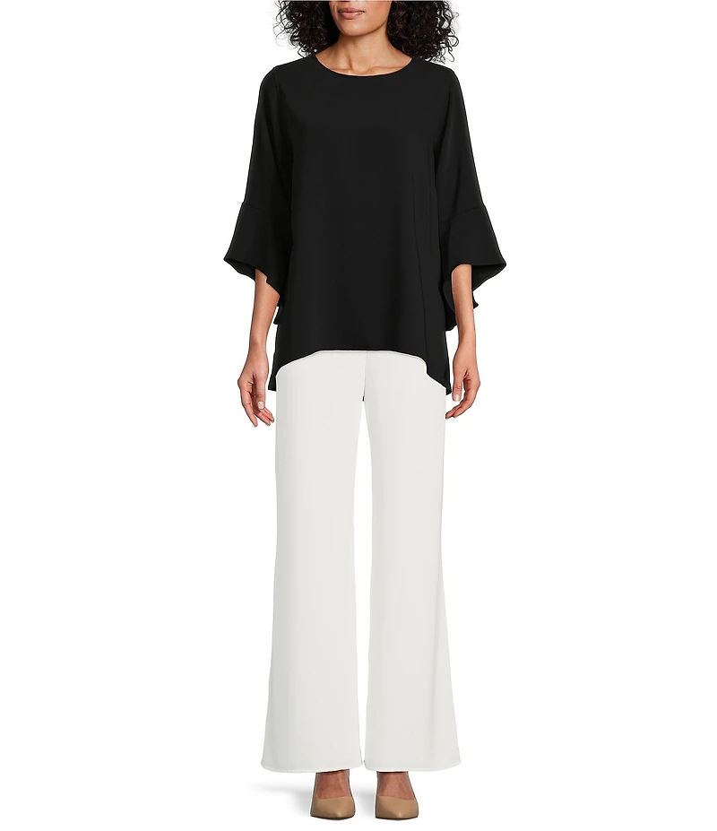 Caroline Rose Julia Matte Crepe Crew Neck 3/4 Ruffled Sleeve High-Low Hem Top