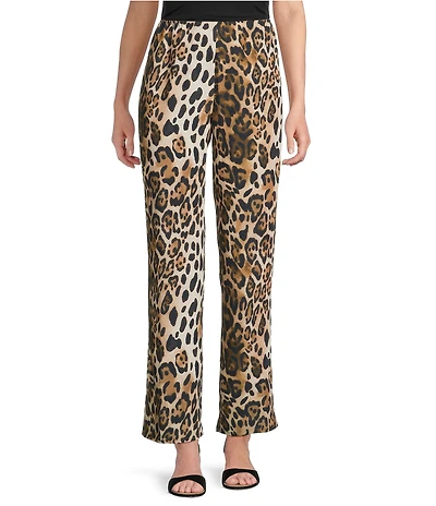 Caroline Rose Leopard Print Matte Crepe Flat Front Pull-On Straight Leg Pants