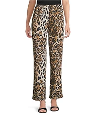 Caroline Rose Coordinating Leopard Print Matte Crepe Flat Front Pull-On Straight Leg Pants