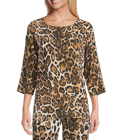Caroline Rose Leopard Print Matte Crepe Round Neck 3/4 Sleeve Party Top