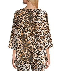 Caroline Rose Leopard Print Matte Crepe Round Neck 3/4 Sleeve Party Top