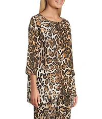 Caroline Rose Leopard Print Matte Crepe Round Neck 3/4 Sleeve Party Top