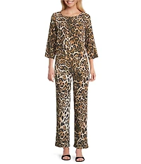 Caroline Rose Leopard Print Matte Crepe Round Neck 3/4 Sleeve Party Top