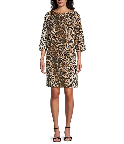 Caroline Rose Leopard Print Matte Crepe Round Neck 3/4 Sleeve Shift Dress