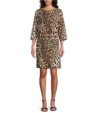 Caroline Rose Leopard Print Matte Crepe Round Neck 3/4 Sleeve Shift Dress