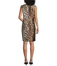 Caroline Rose Leopard Print Mikado Round Neck Sleeveless Sheath Dress
