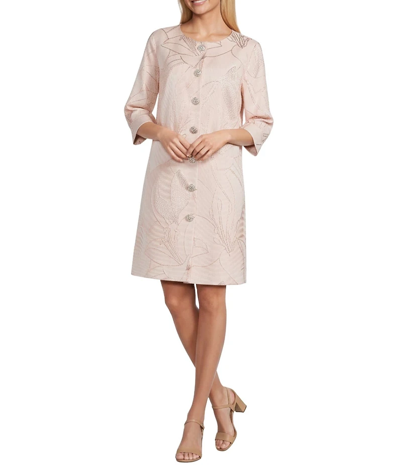 Caroline Rose Luminous Lilies Jacquard Scoop Neck Bracelet Sleeve Button Front Midi Dress