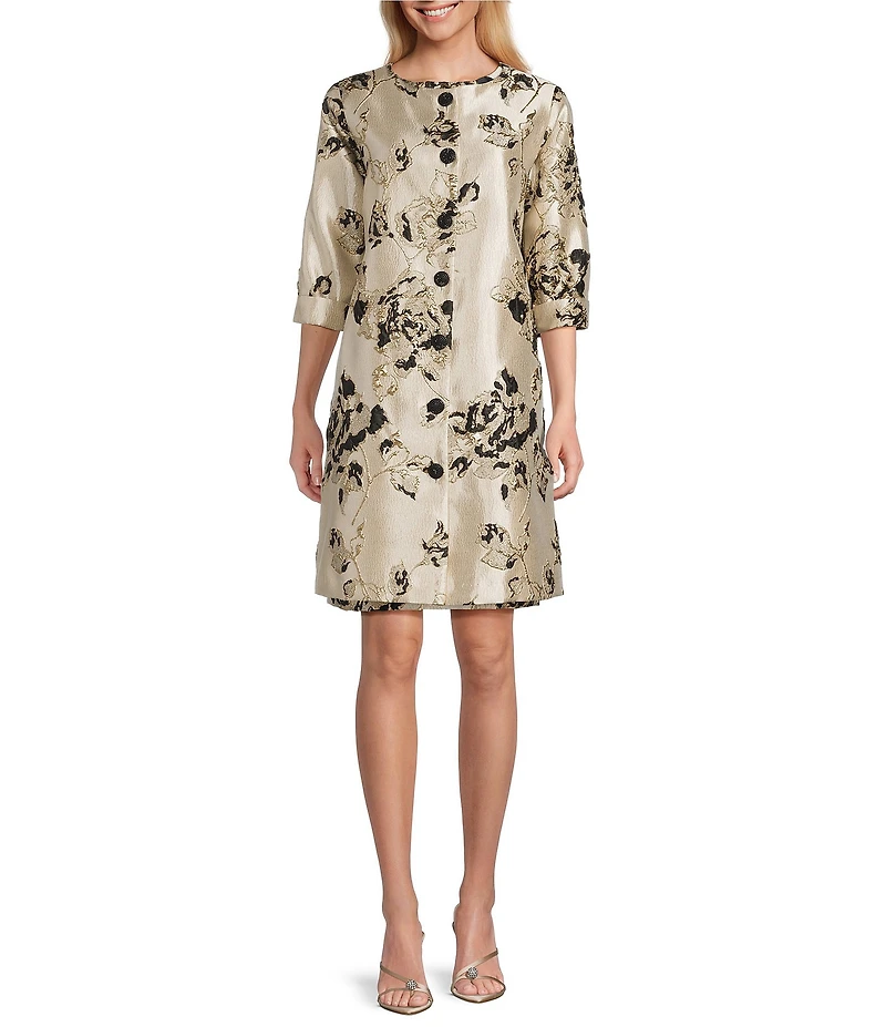 Caroline Rose Lustrous Fiore Brocade Round Neck 3/4 Sleeve Button-Front Long Statement Jacket