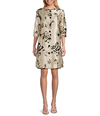 Caroline Rose Lustrous Fiore Brocade Round Neck 3/4 Sleeve Button-Front Long Statement Jacket