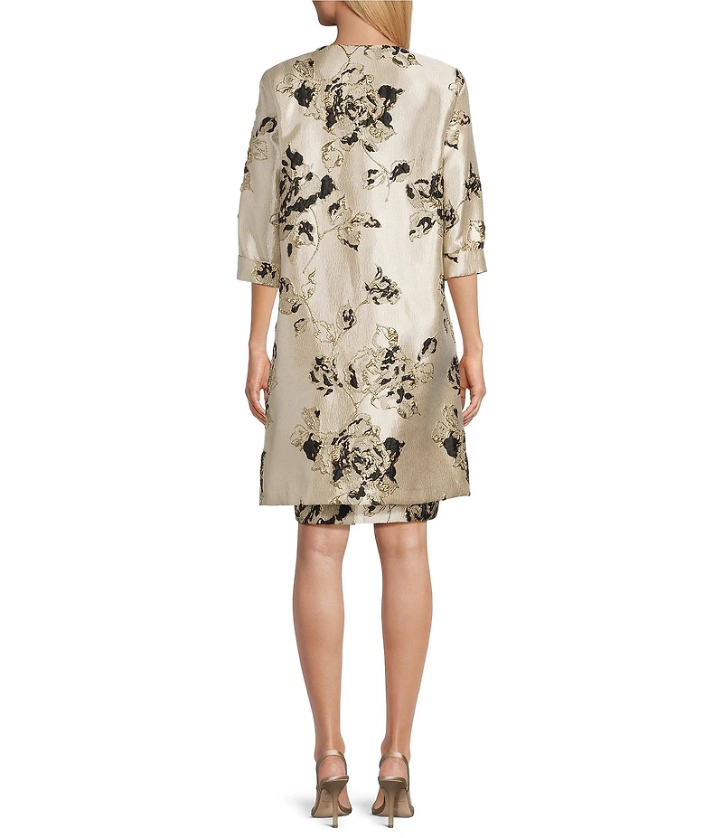 Caroline Rose Lustrous Fiore Brocade Round Neck 3/4 Sleeve Button-Front Long Statement Jacket